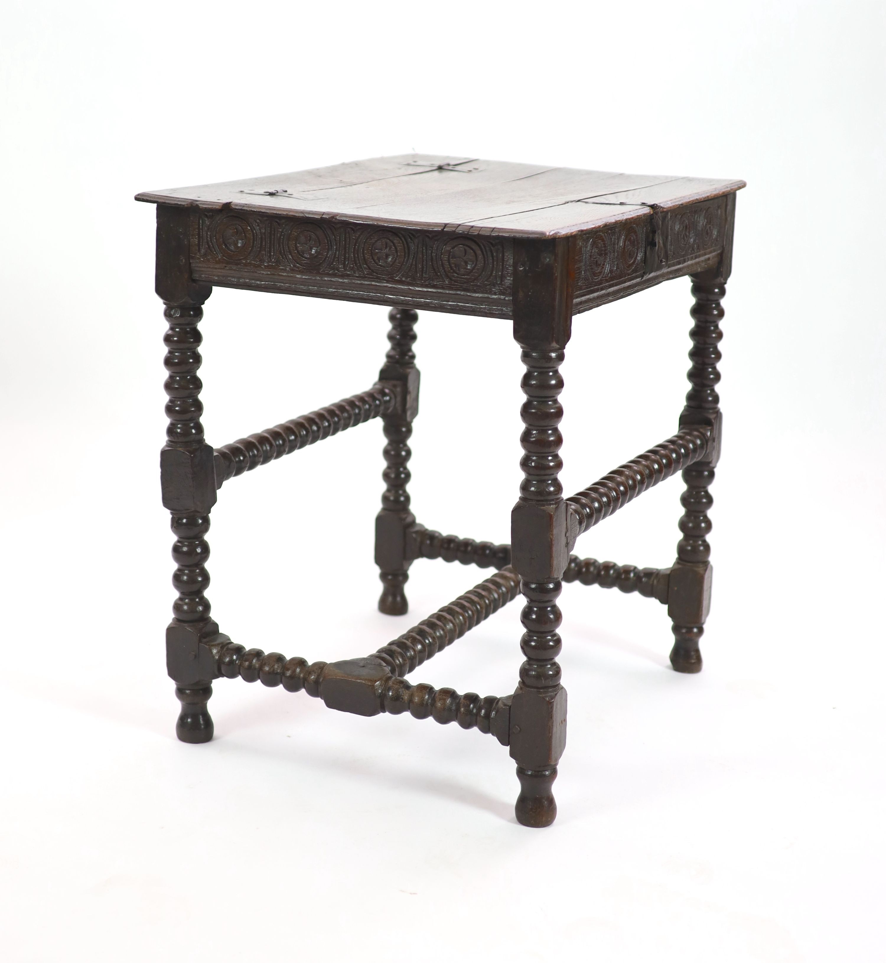 A Charles I joined oak box top table W 75cm. D 55cm. H 72cm.